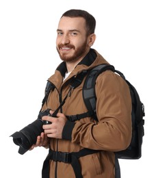 Photographer with backpack and camera on white background