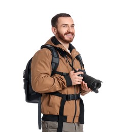 Photographer with backpack and camera on white background