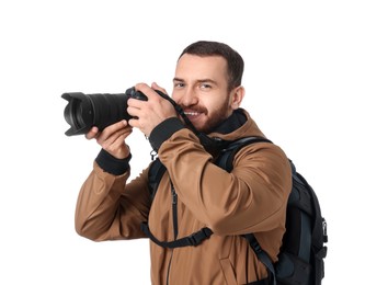 Photo of Photographer with backpack and camera on white background