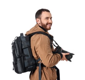 Photographer with backpack and camera on white background