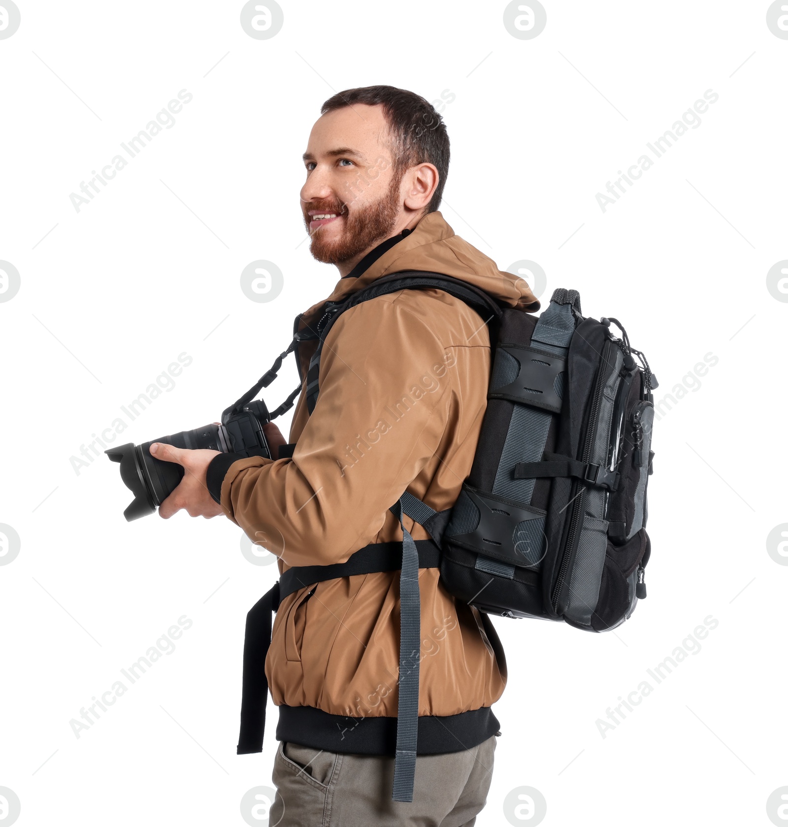 Photo of Photographer with backpack and camera on white background