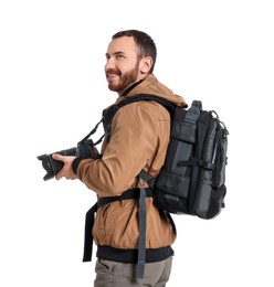 Photographer with backpack and camera on white background