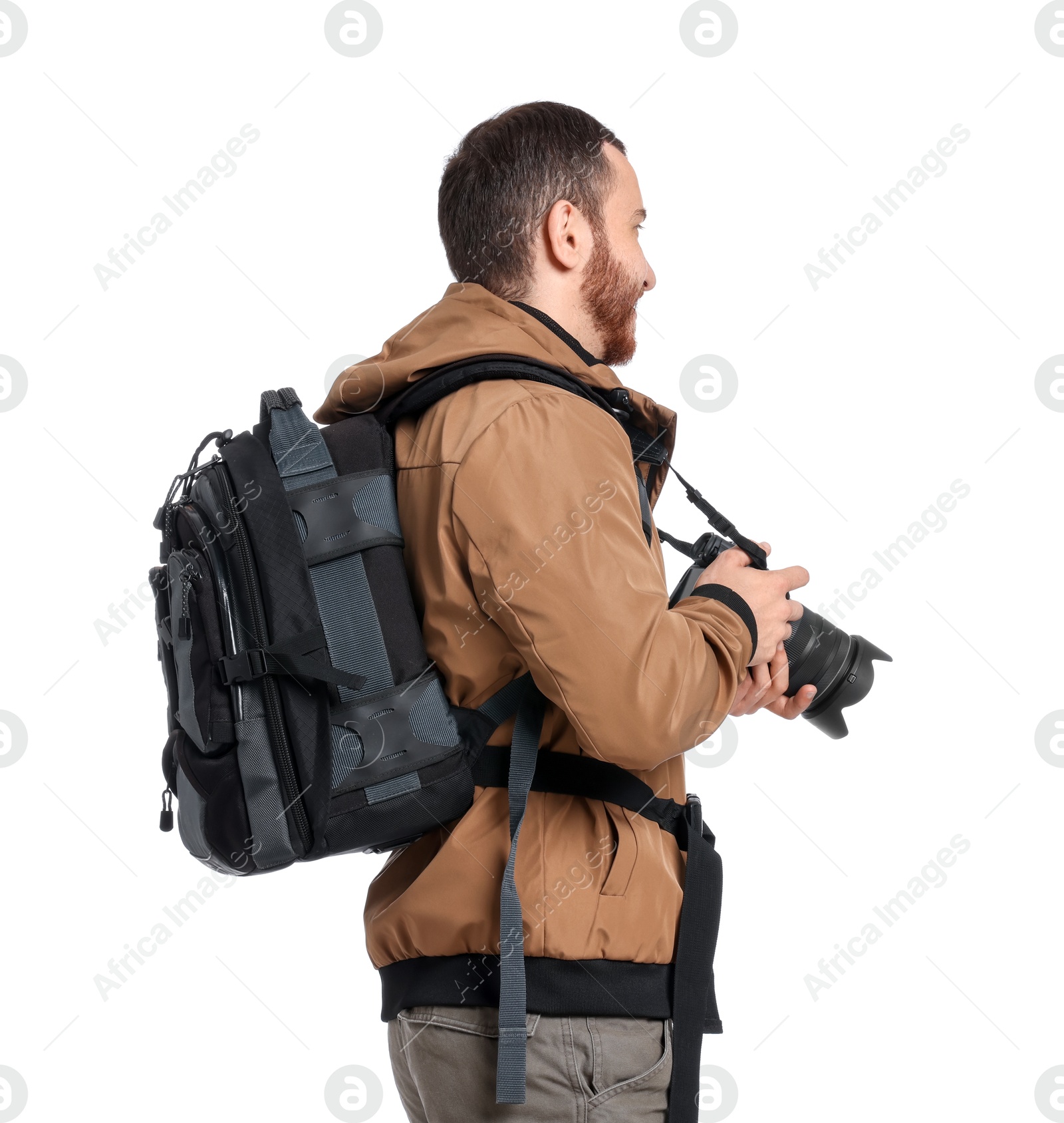 Photo of Photographer with backpack and camera on white background