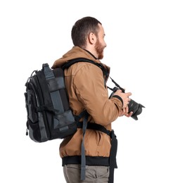 Photo of Photographer with backpack and camera on white background