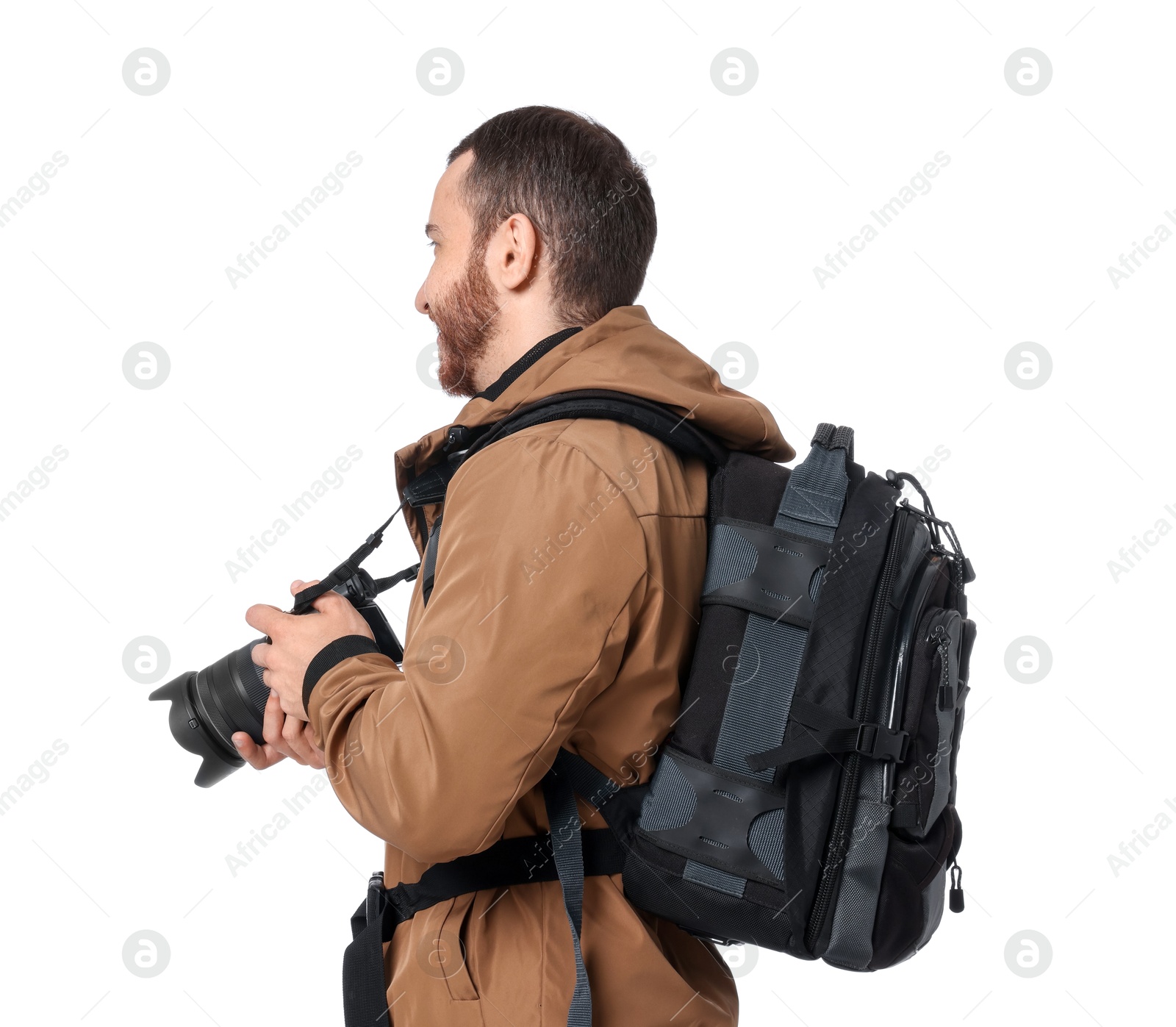 Photo of Photographer with backpack and camera on white background