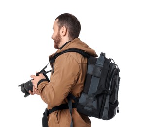 Photographer with backpack and camera on white background