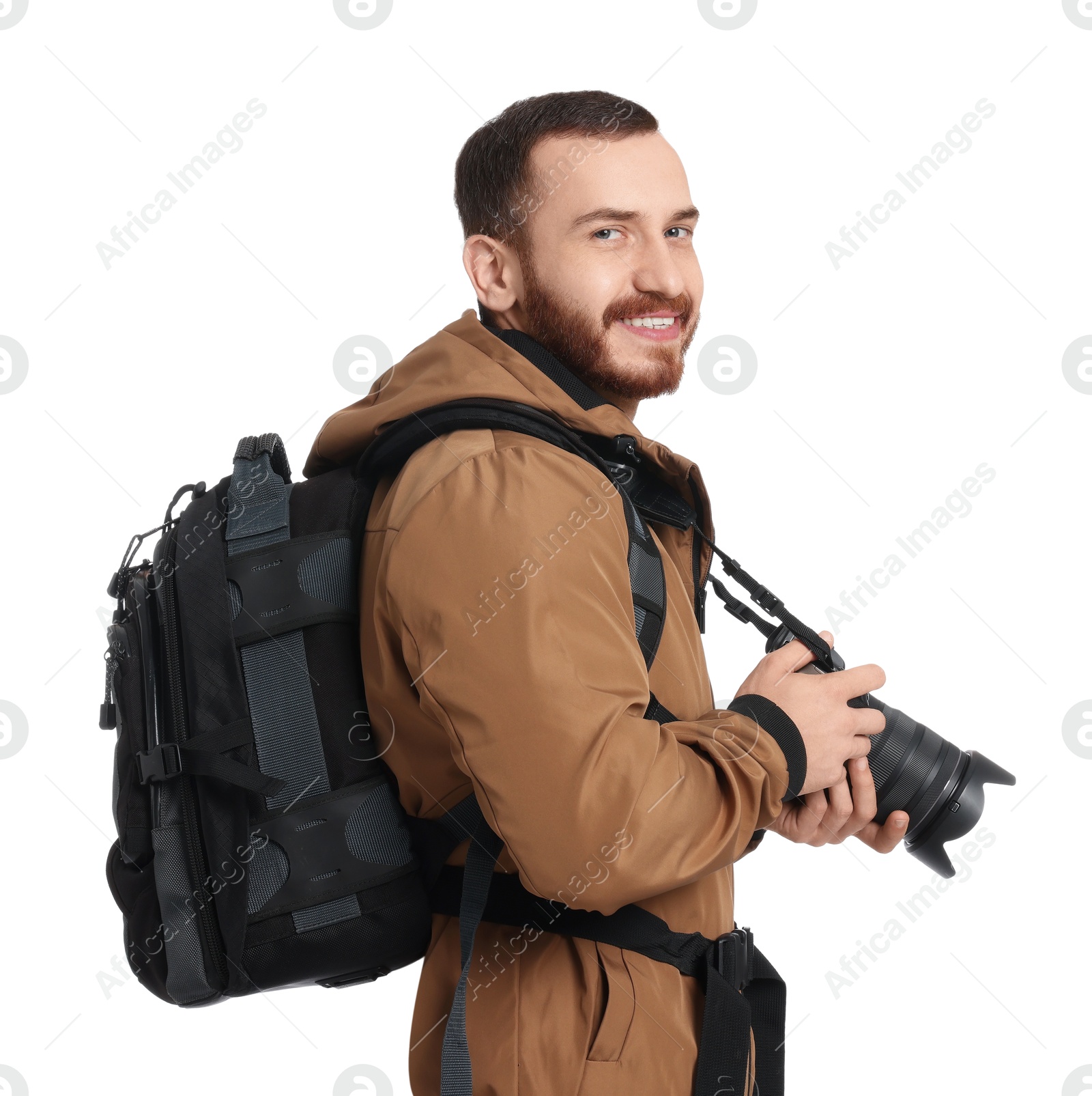 Photo of Photographer with backpack and camera on white background