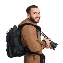 Photo of Photographer with backpack and camera on white background