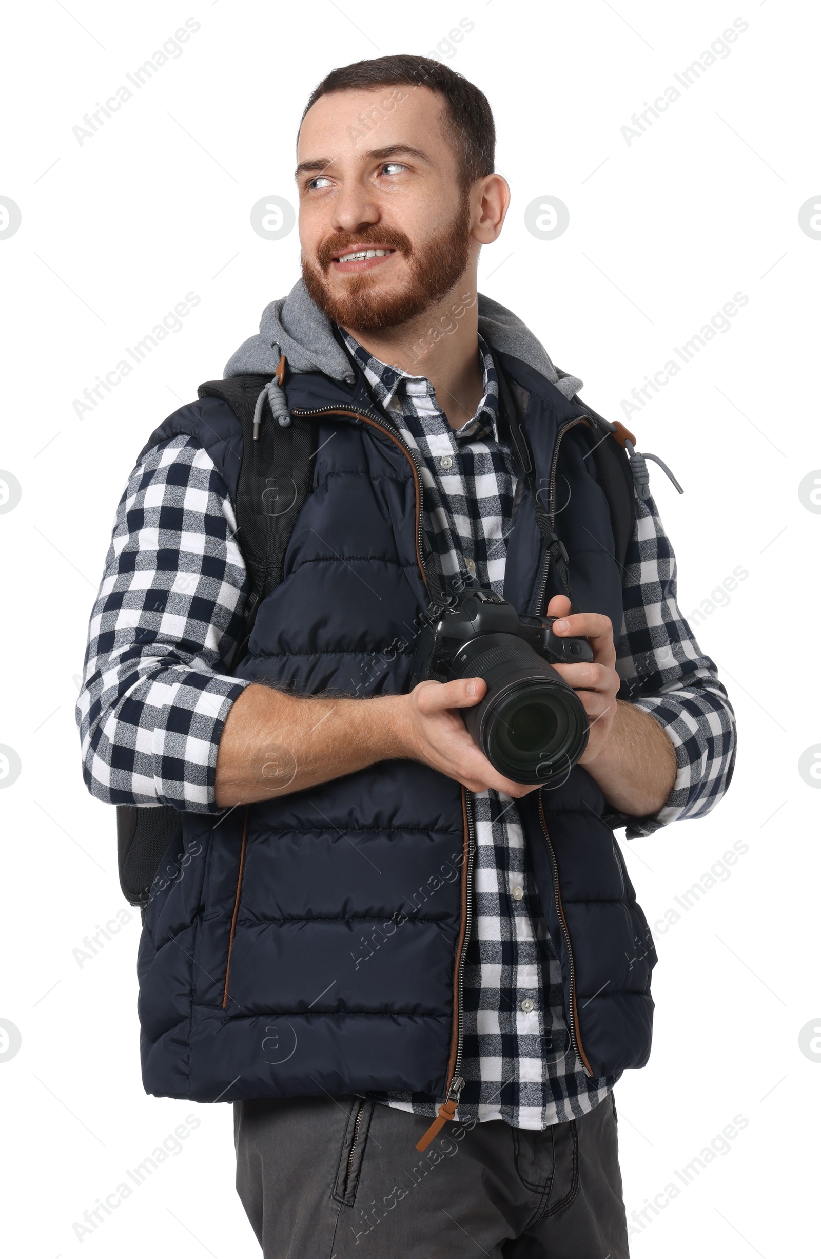 Photo of Photographer with backpack and camera on white background