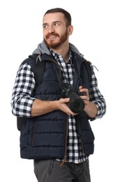 Photographer with backpack and camera on white background