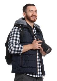 Photo of Photographer with backpack and camera on white background