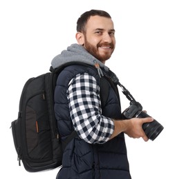 Photographer with backpack and camera on white background