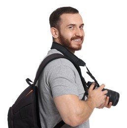 Photographer with backpack and camera on white background