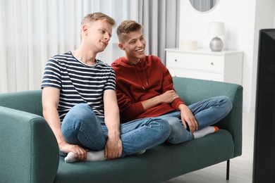 Young brothers watching tv on sofa at home