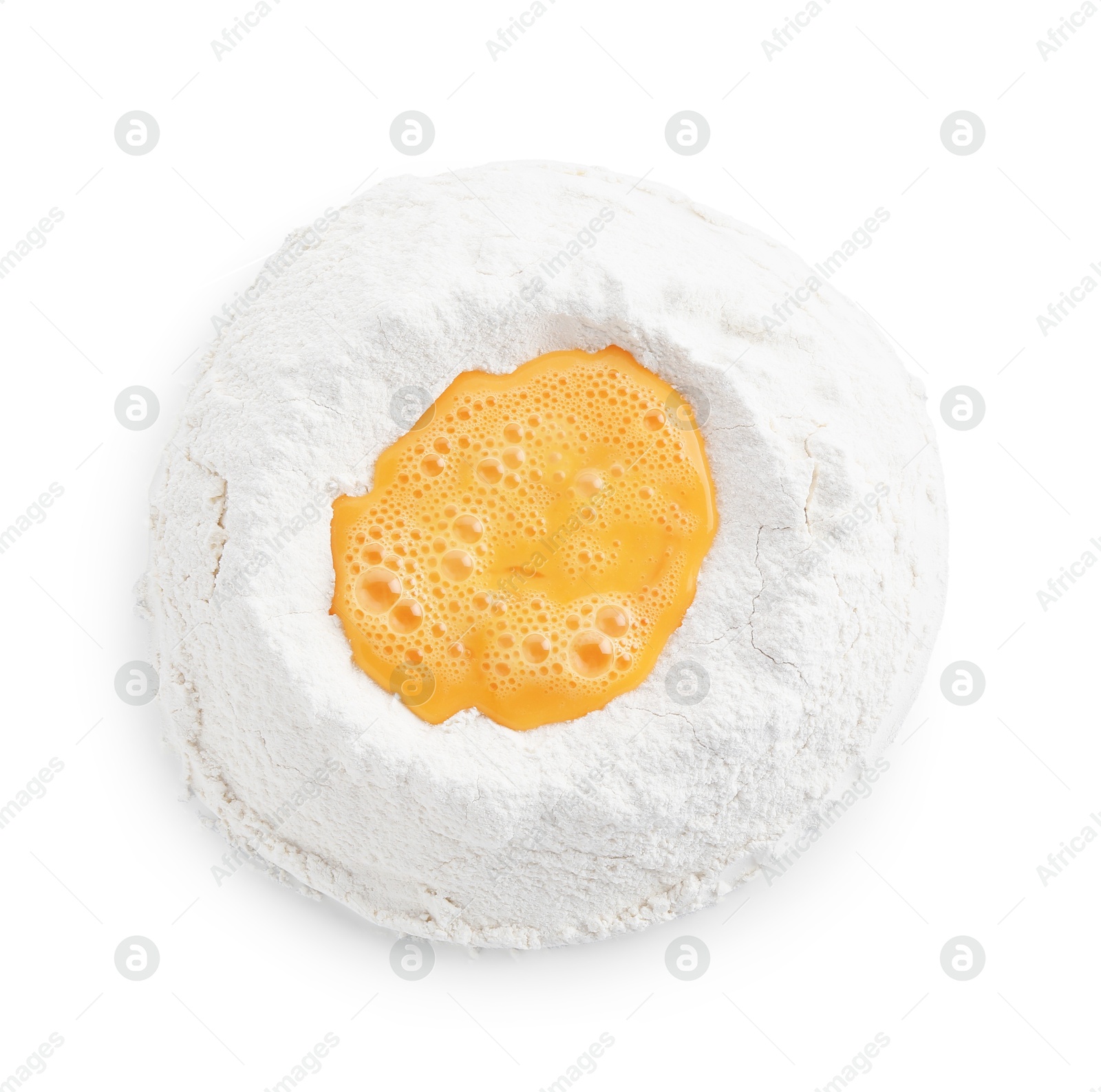 Photo of Cooking homemade pie. Flour with eggs isolated on white, top view