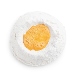 Photo of Cooking homemade pie. Flour with eggs isolated on white, top view