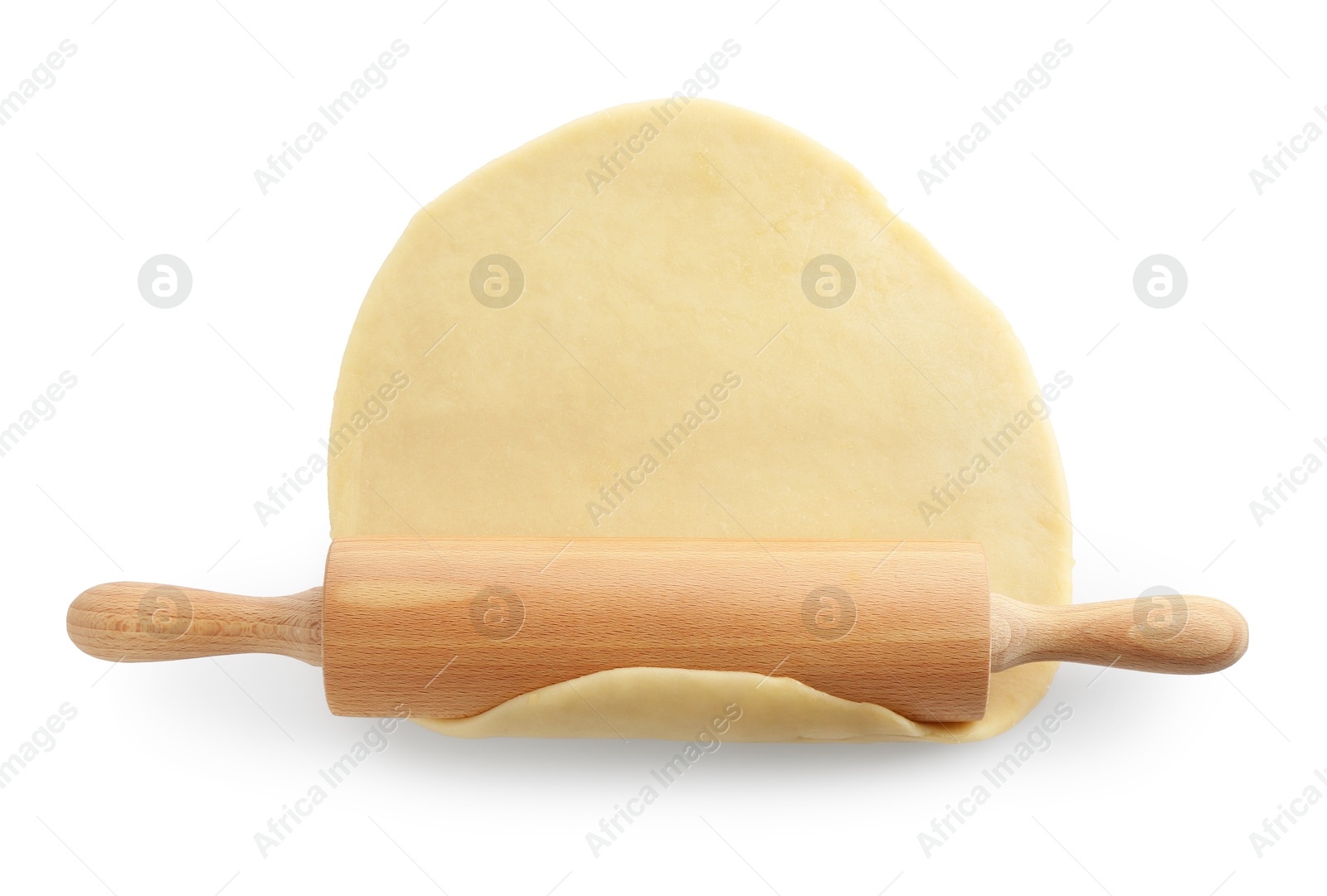 Photo of Cooking homemade pie. Raw dough and wooden rolling pin on white background, top view