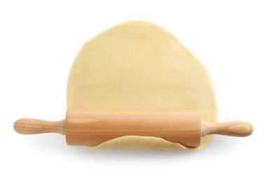 Photo of Cooking homemade pie. Raw dough and wooden rolling pin on white background, top view