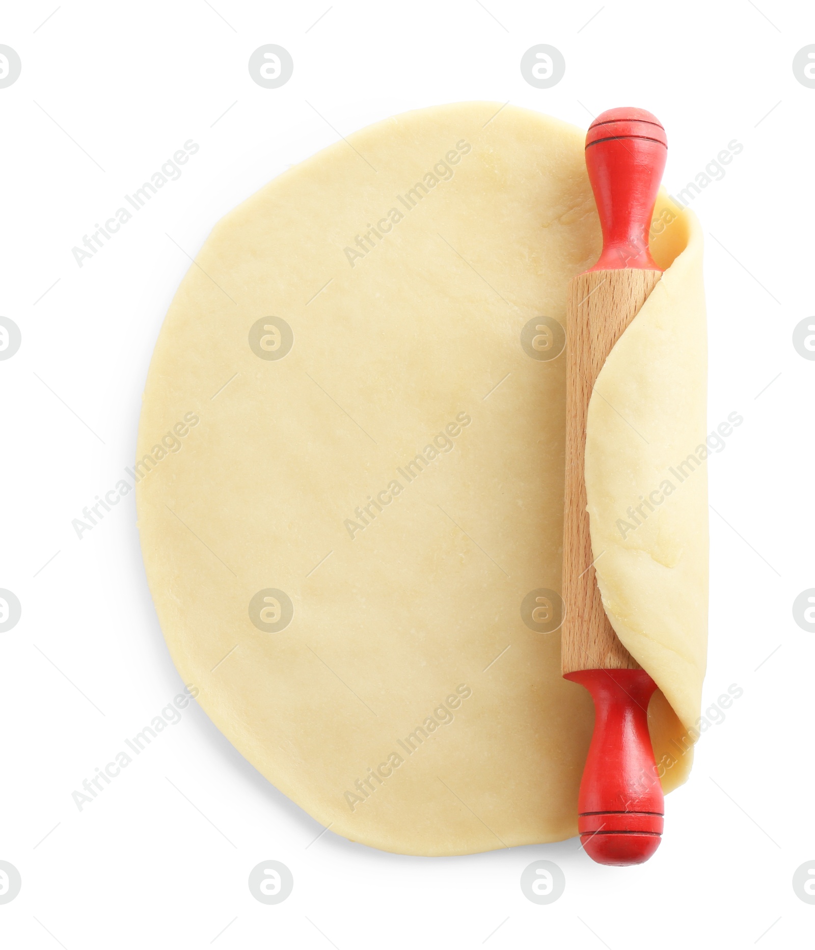 Photo of Cooking homemade pie. Raw dough and rolling pin isolated on white, top view