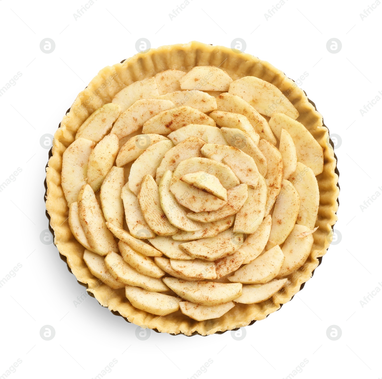 Photo of Raw homemade apple pie isolated on white, top view