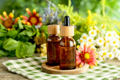 Photo of Tinctures in bottles and medicinal herbs on wooden table