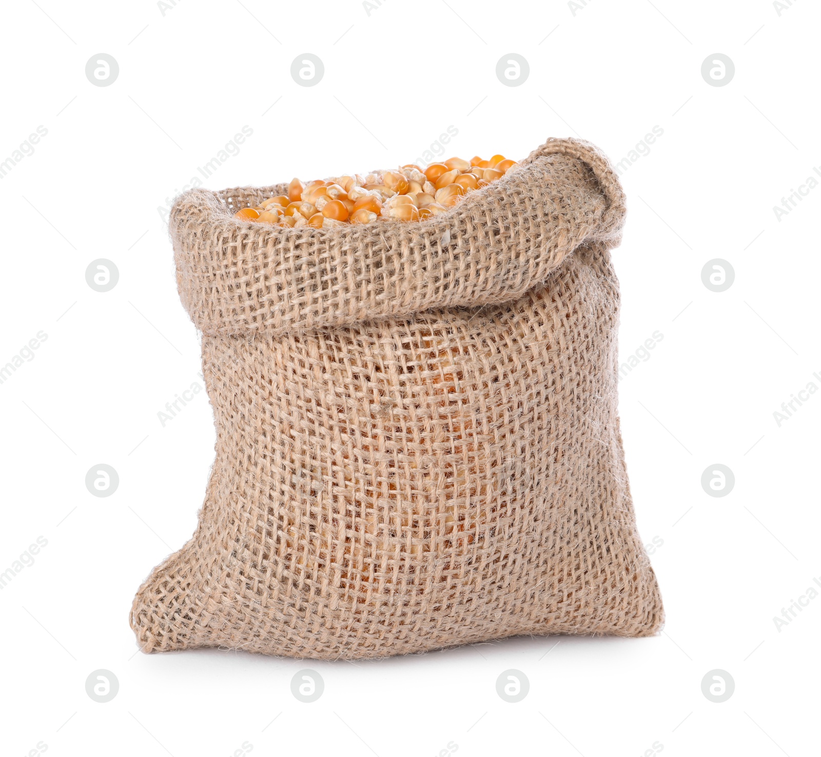 Photo of One burlap sack with corn kernels isolated on white