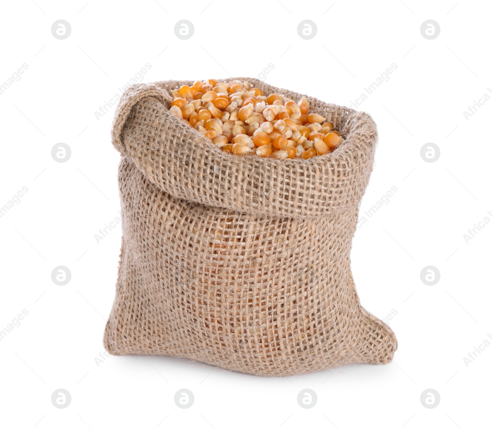 Photo of One burlap sack with corn kernels isolated on white