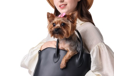 Young woman holding bag with cute Yorkshire Terrier dog isolated on white, closeup