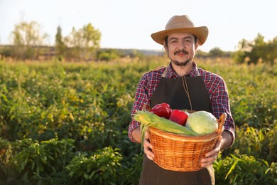 Harvesting season. Farmer with wicker basket of fresh vegetables in field on sunny day, space for text