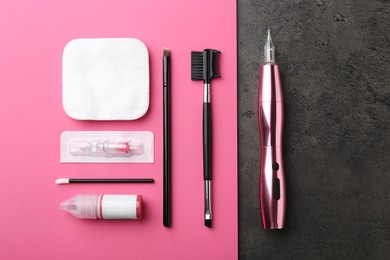 Photo of Permanent makeup equipment kit on color background, flat lay