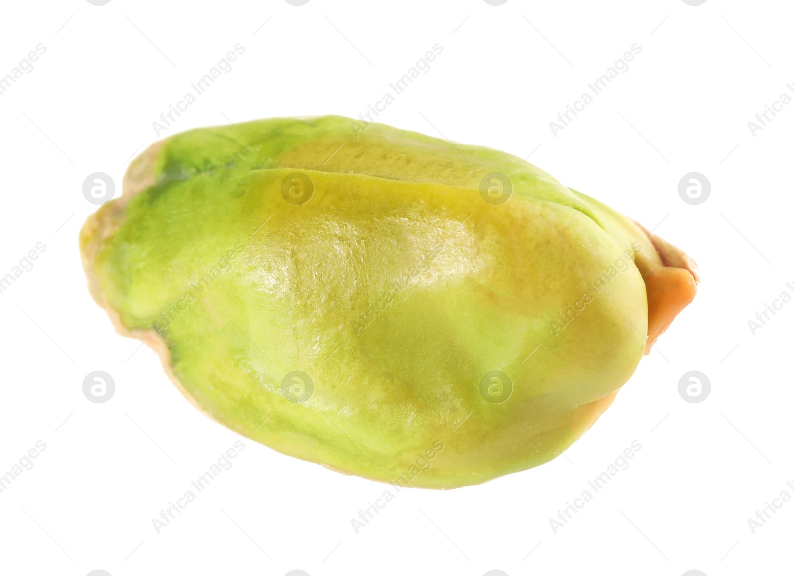 Photo of One peeled pistachio nut isolated on white