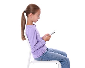 Photo of Girl with correct posture and smartphone sitting on white background