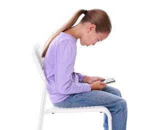 Photo of Girl with incorrect posture and smartphone sitting on white background