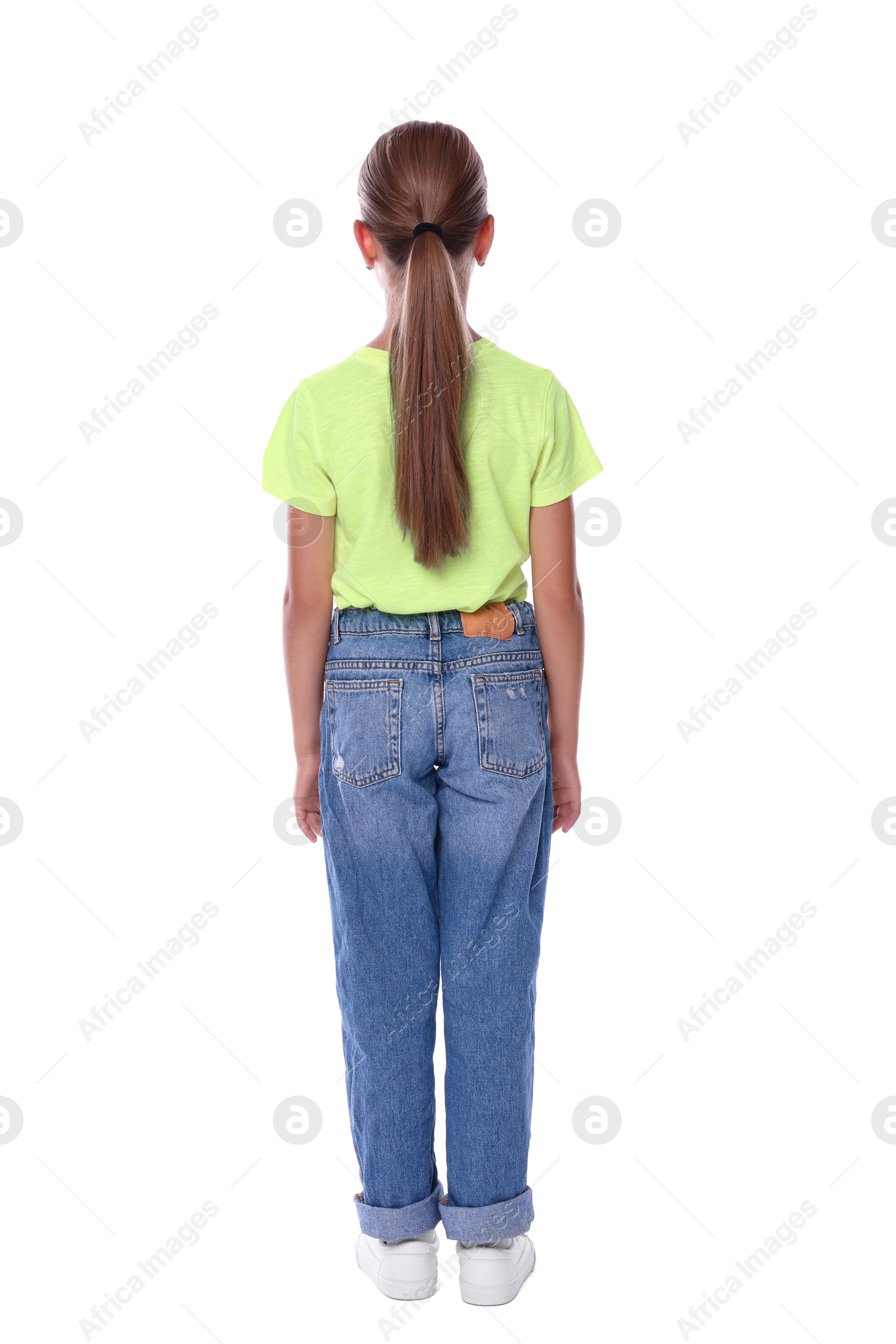 Photo of Girl with correct posture standing on white background, back view