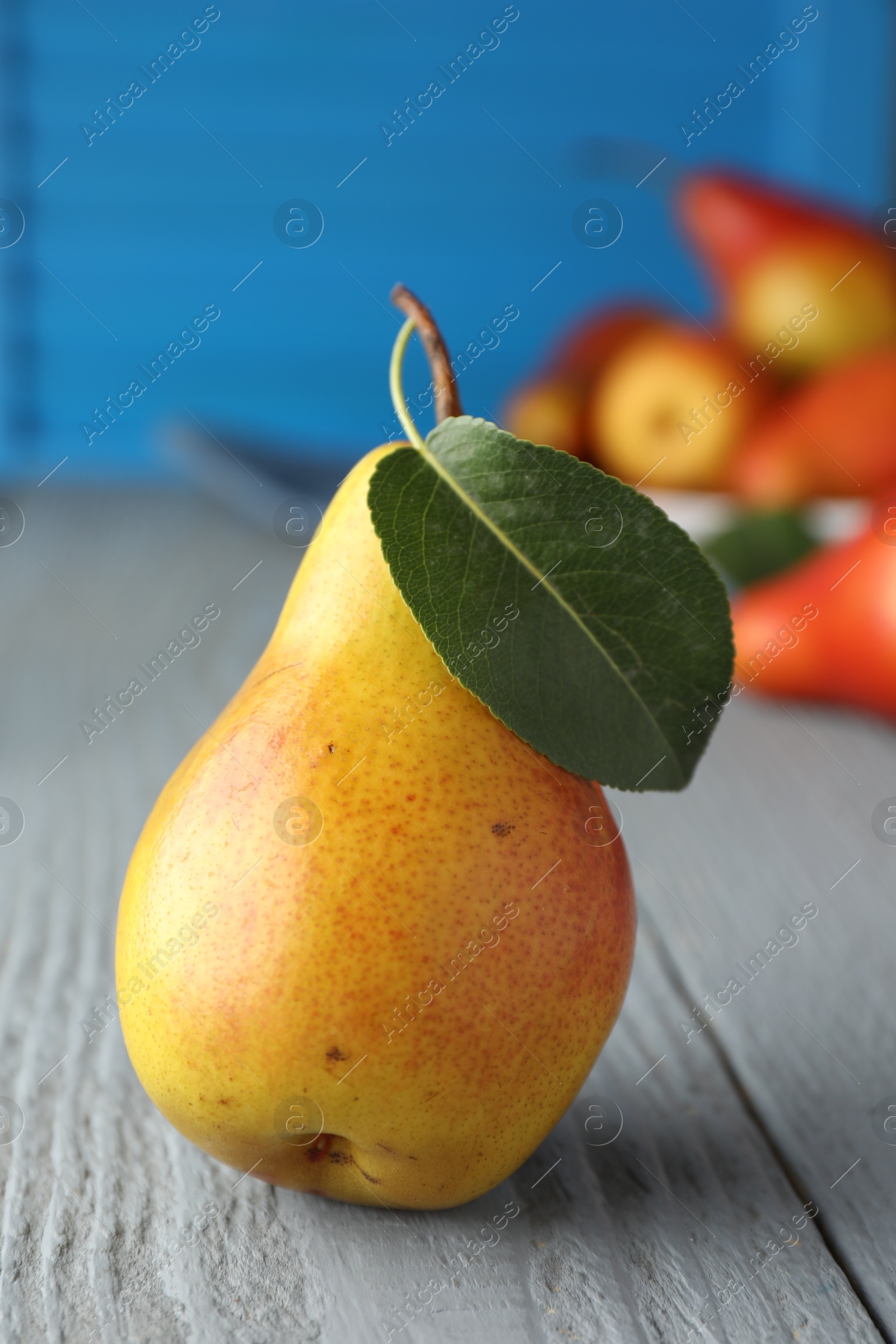 Photo of Ripe juicy pear with green leaf on grey wooden table