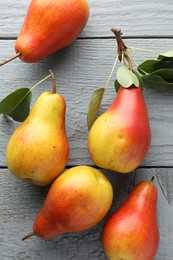 Photo of Ripe juicy pears on grey wooden table, flat lay