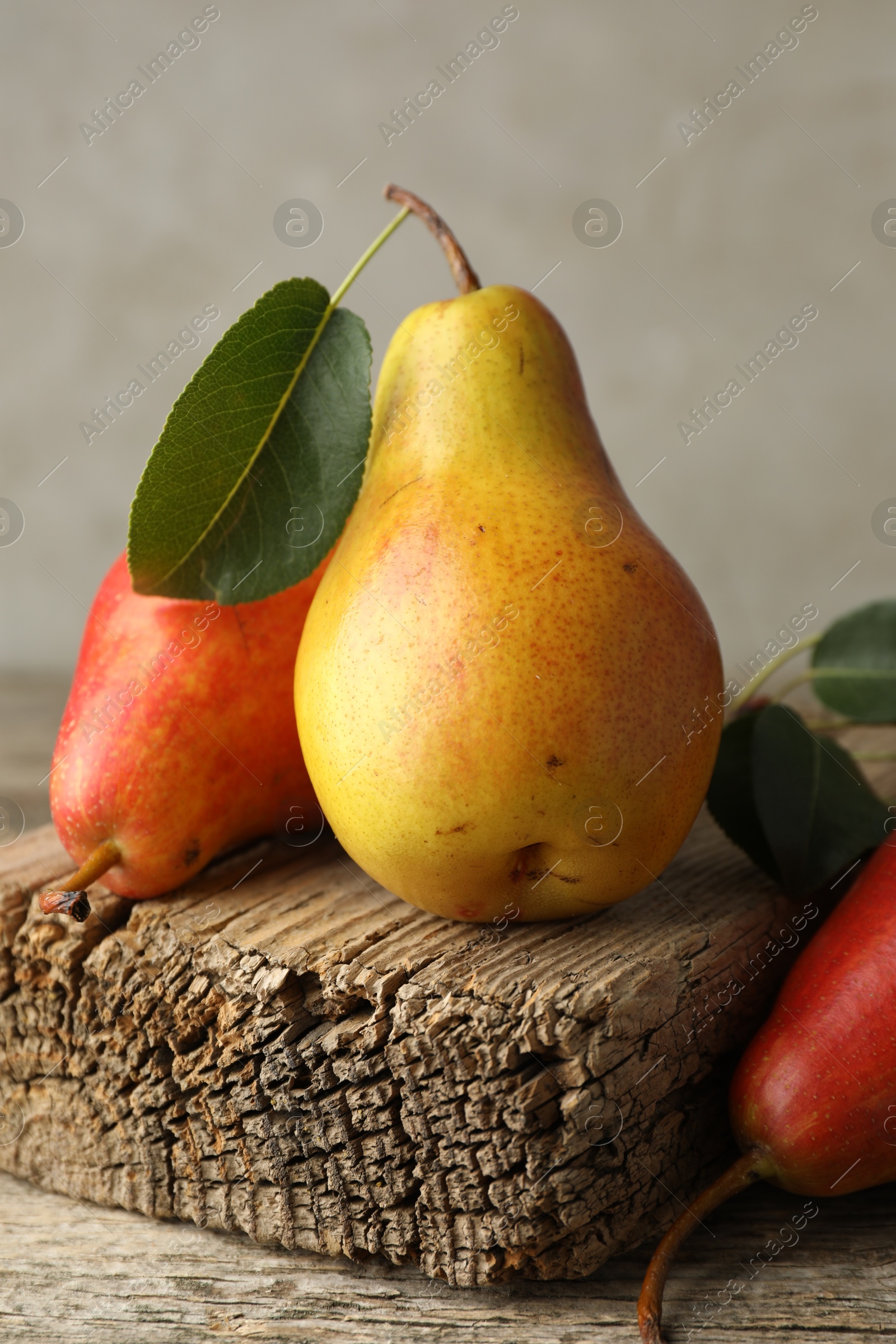 Photo of Ripe juicy pears on wooden table, closeup