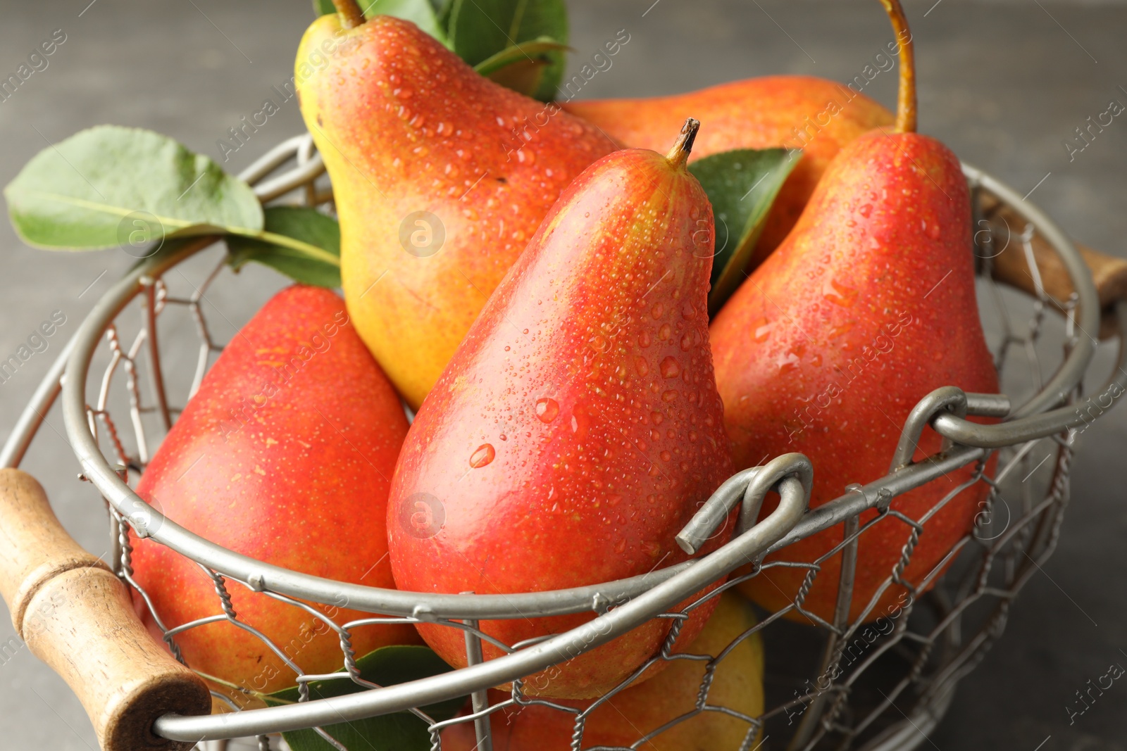 Photo of Ripe juicy pears in metal basket on grey table, closeup