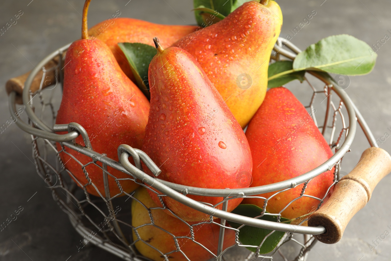 Photo of Ripe juicy pears in metal basket on grey table, closeup