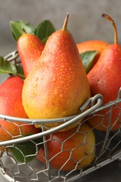 Photo of Ripe juicy pears in metal basket on grey table, closeup