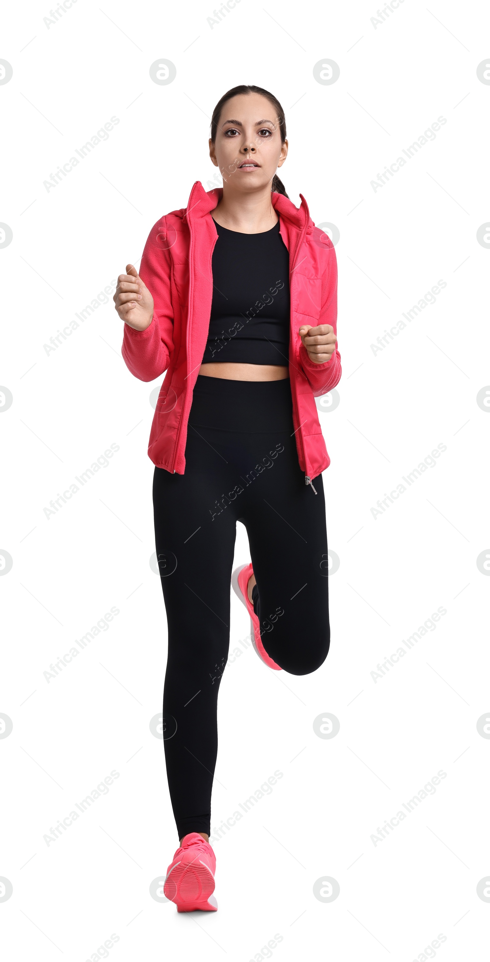 Photo of Athletic woman in sportswear running on white background