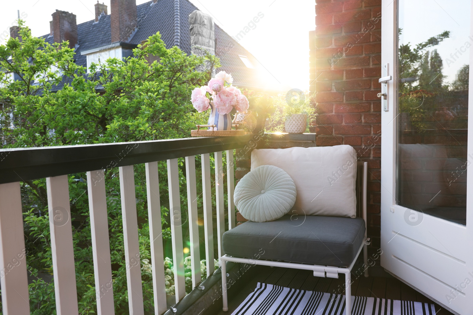 Photo of Different plants on railings and chair at cozy balcony outdoors