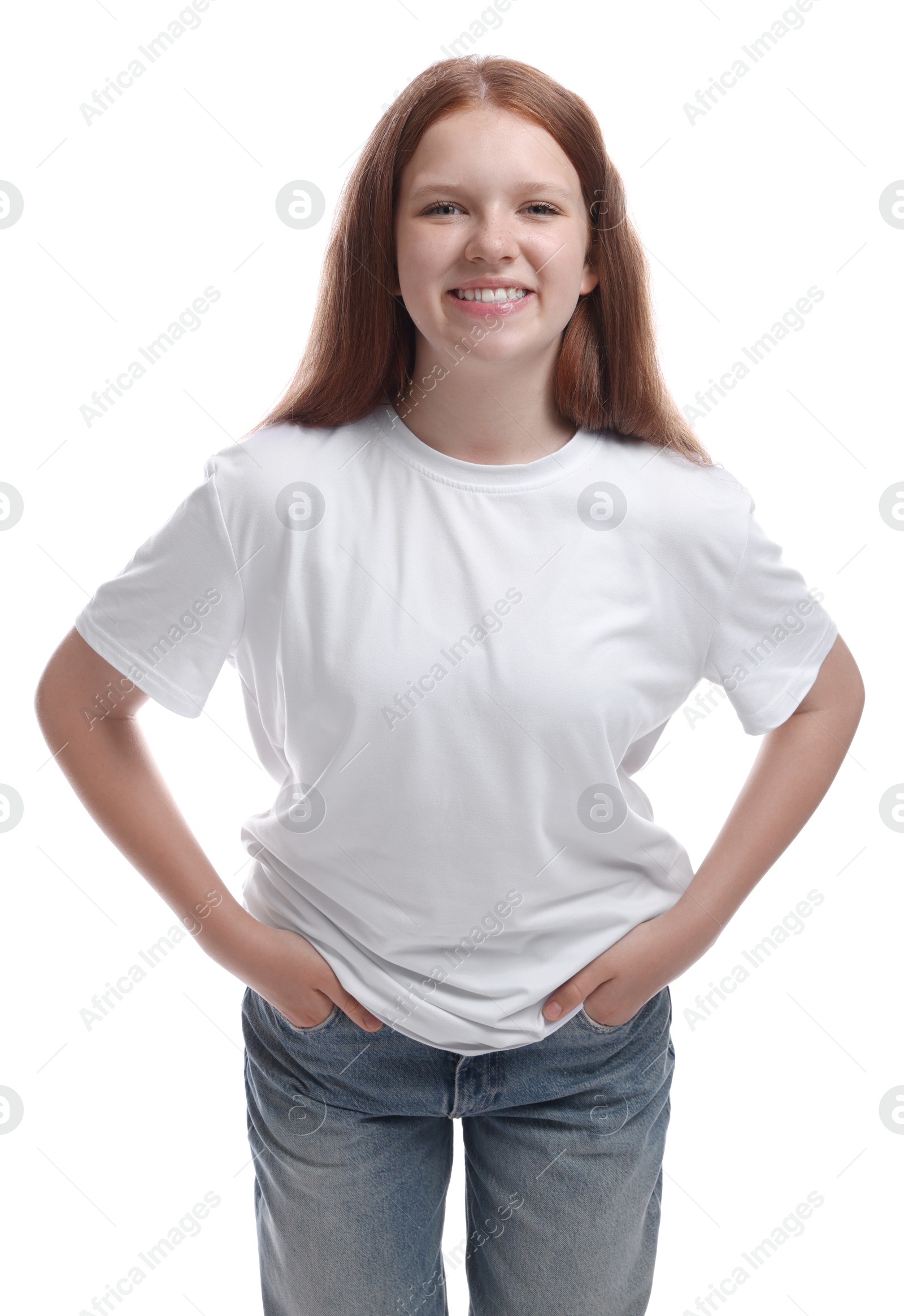 Photo of Portrait of teenage girl on white background