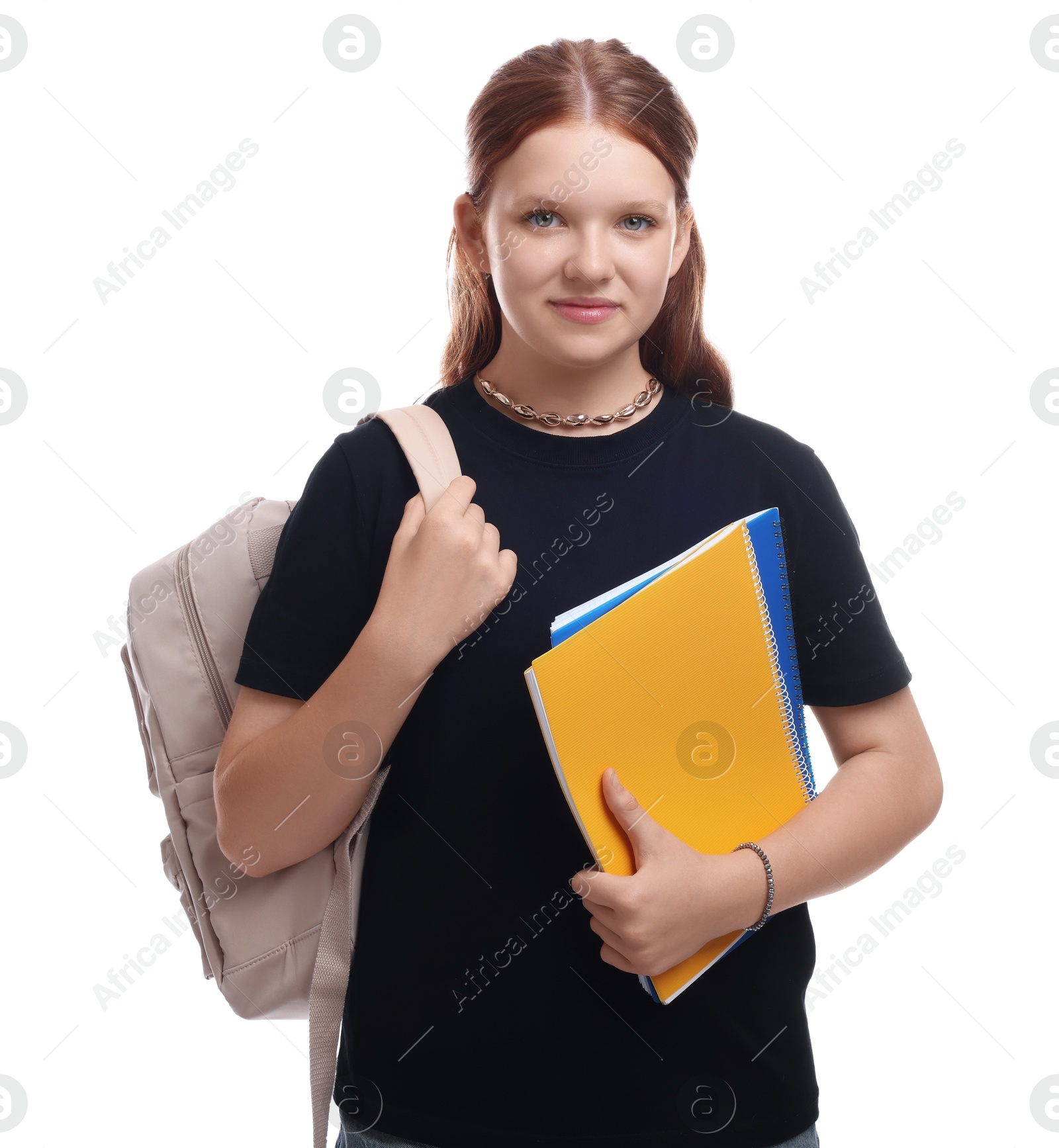 Photo of Teenage girl with backpack and books on white background