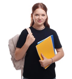 Photo of Teenage girl with backpack and books on white background