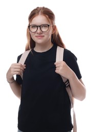 Photo of Teenage girl with backpack on white background