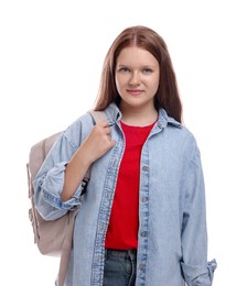 Photo of Teenage girl with backpack on white background