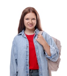 Teenage girl with backpack on white background