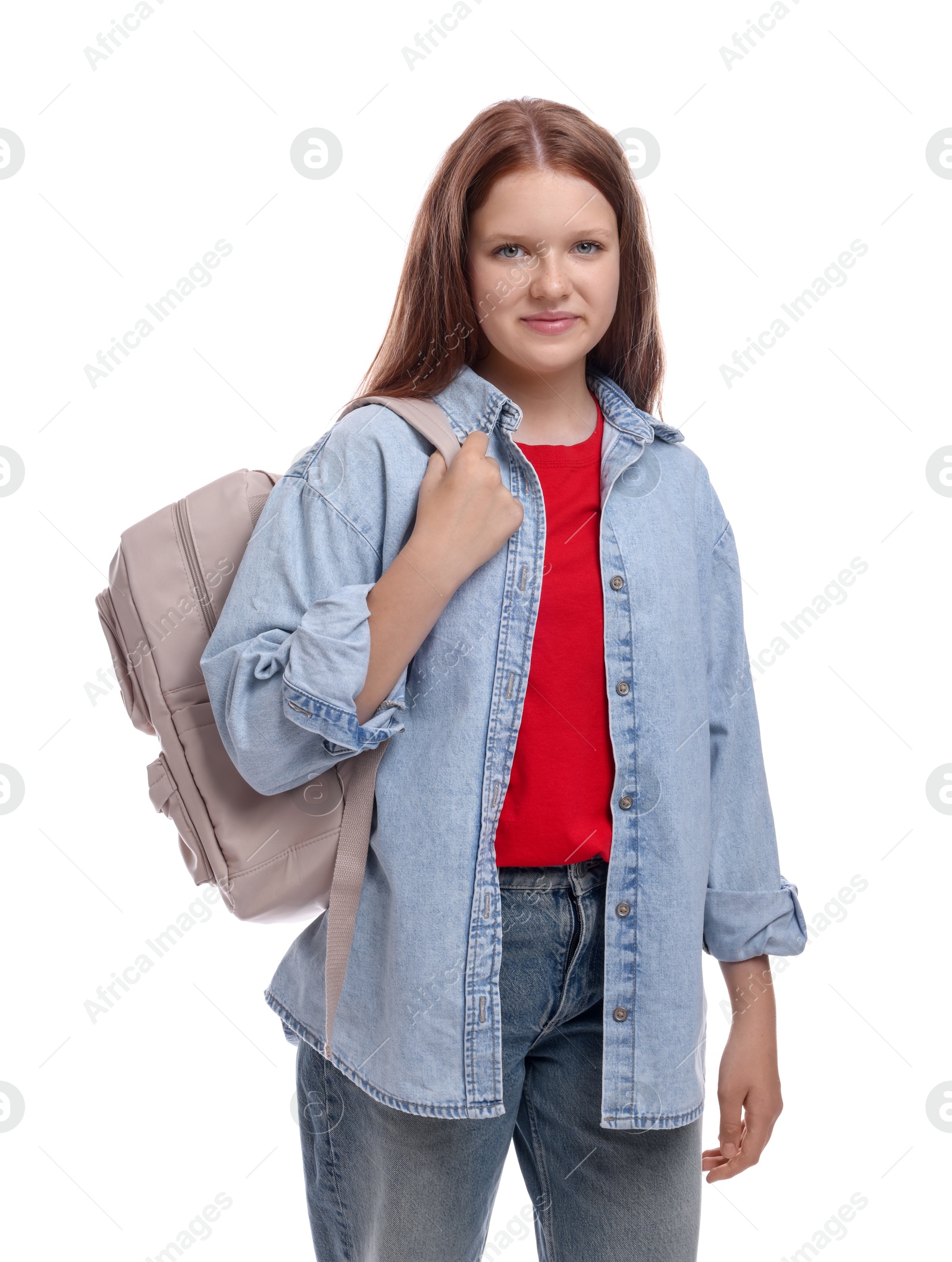 Photo of Teenage girl with backpack on white background