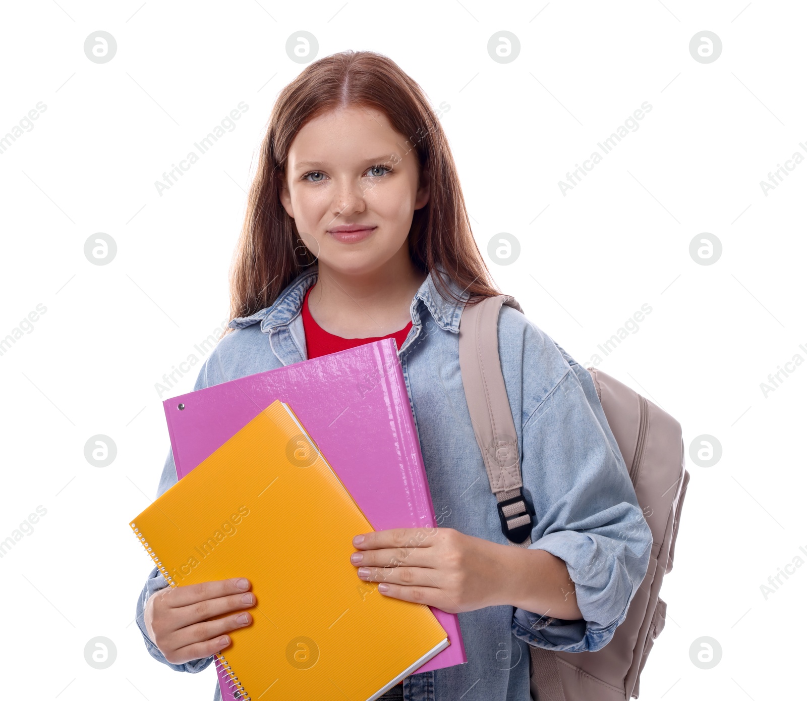 Photo of Teenage girl with backpack and books on white background